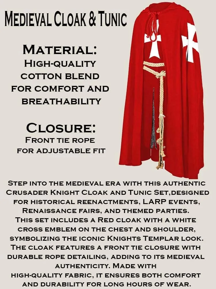 Medieval Crusader Knight Warrior Tunic & Cloak Hospitaller Costume Cross LARP Viking Surcoat Cosplay|Halloween Fairs