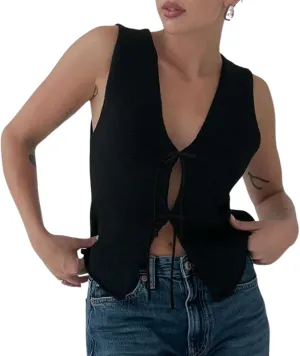 Meihuida Women Vest Top Tie Front Y2k Crochet Knit V Neck Sleeveless Vest Casual Streetwear
