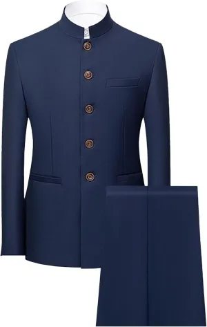 Men's 2 Pieces Chinese Tunic Suit Set Mandarin Collar Blazer Jacket Pants Sets Slim Fit Stand Collar Uniform Dress