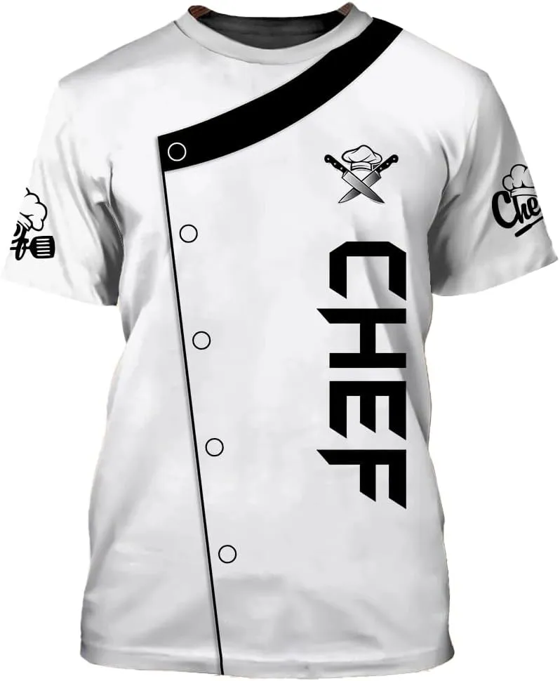 Mens 3D Print Chef T-Shirt Short Sleeve Chef Coat Chef Jacket Pattern Quick Dry Cook Shirt BBQ Shirt