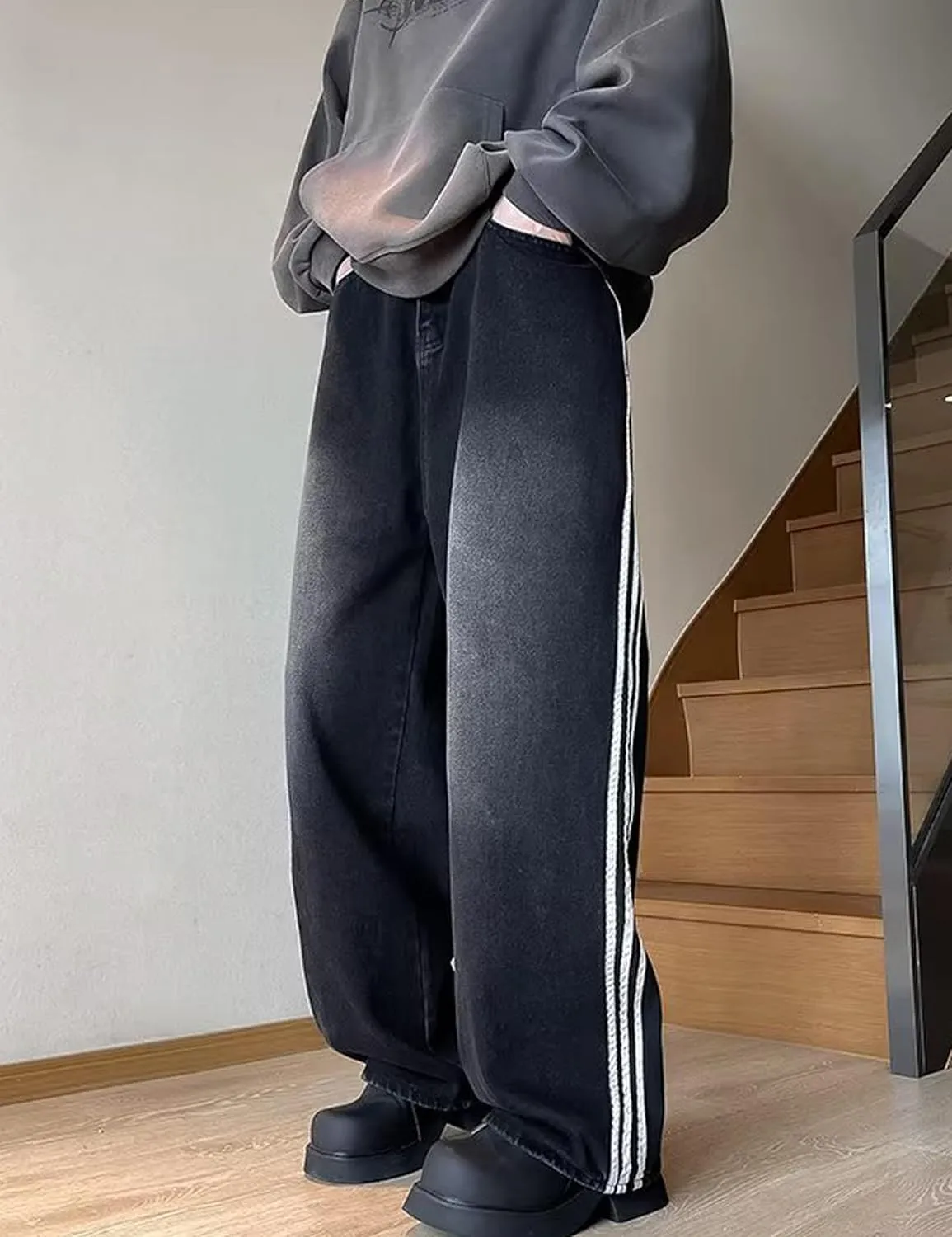 Mens Baggy Denim Jeans Casual Striped Pants Straight Wide Leg Jeans Oversized Hip Hop Pants Vintage Skater Track Jeans