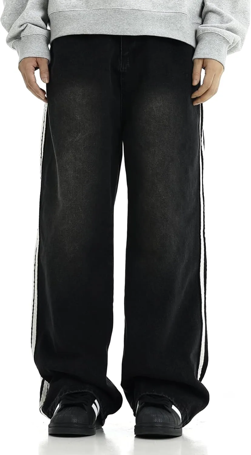 Mens Baggy Denim Jeans Casual Striped Pants Straight Wide Leg Jeans Oversized Hip Hop Pants Vintage Skater Track Jeans