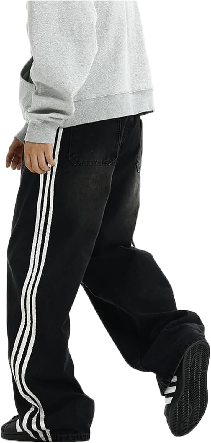Mens Baggy Denim Jeans Casual Striped Pants Straight Wide Leg Jeans Oversized Hip Hop Pants Vintage Skater Track Jeans