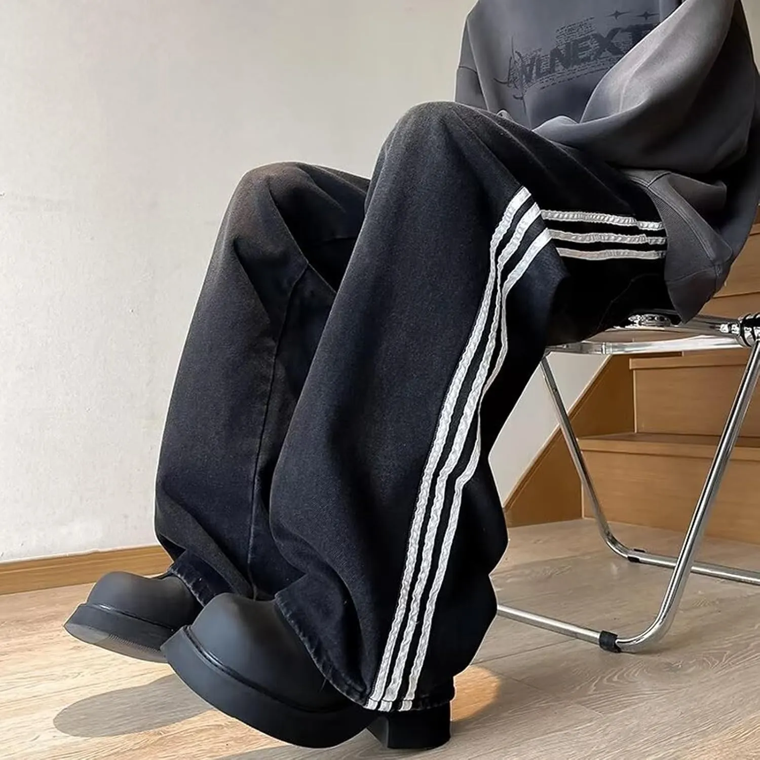 Mens Baggy Denim Jeans Casual Striped Pants Straight Wide Leg Jeans Oversized Hip Hop Pants Vintage Skater Track Jeans