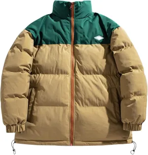 Men's Cotton Padded Winter Thick Warm Loose Patchwork Contrast Color Standing Collar Bread Coat Heavy Winter