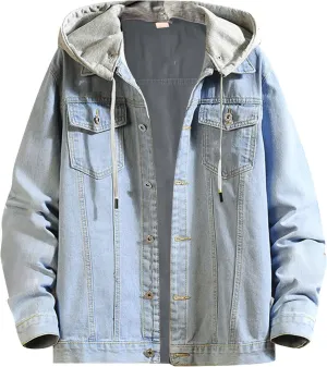 Mens Denim Jacket Hooded Casual Button Down Denim Jacket Spring Fall Stylish Retro Cowboy Trucker Jean Coat