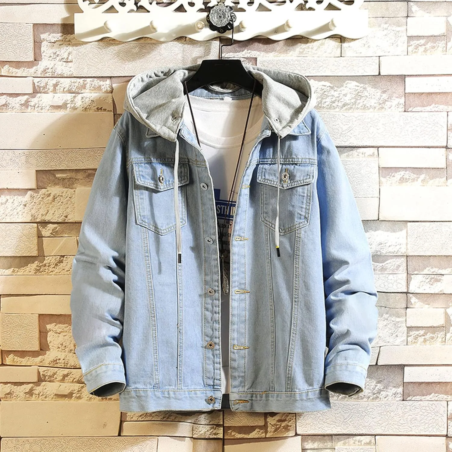 Mens Denim Jacket Hooded Casual Button Down Denim Jacket Spring Fall Stylish Retro Cowboy Trucker Jean Coat