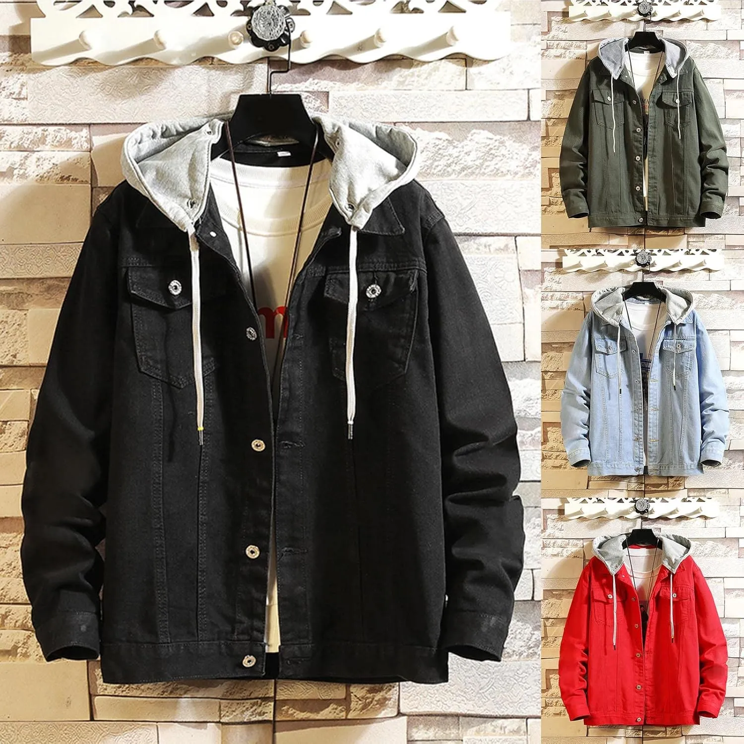 Mens Denim Jacket Hooded Casual Button Down Denim Jacket Spring Fall Stylish Retro Cowboy Trucker Jean Coat