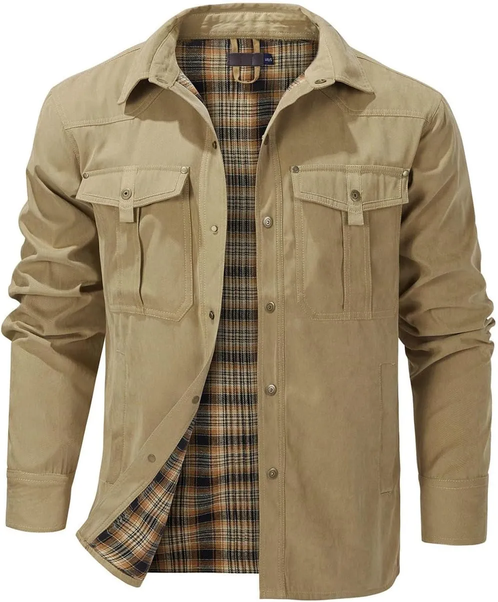 Men's flannel lined shirt jacket Lightweight snap western denim shirt jacket Short coat Vintage snap western jacket
