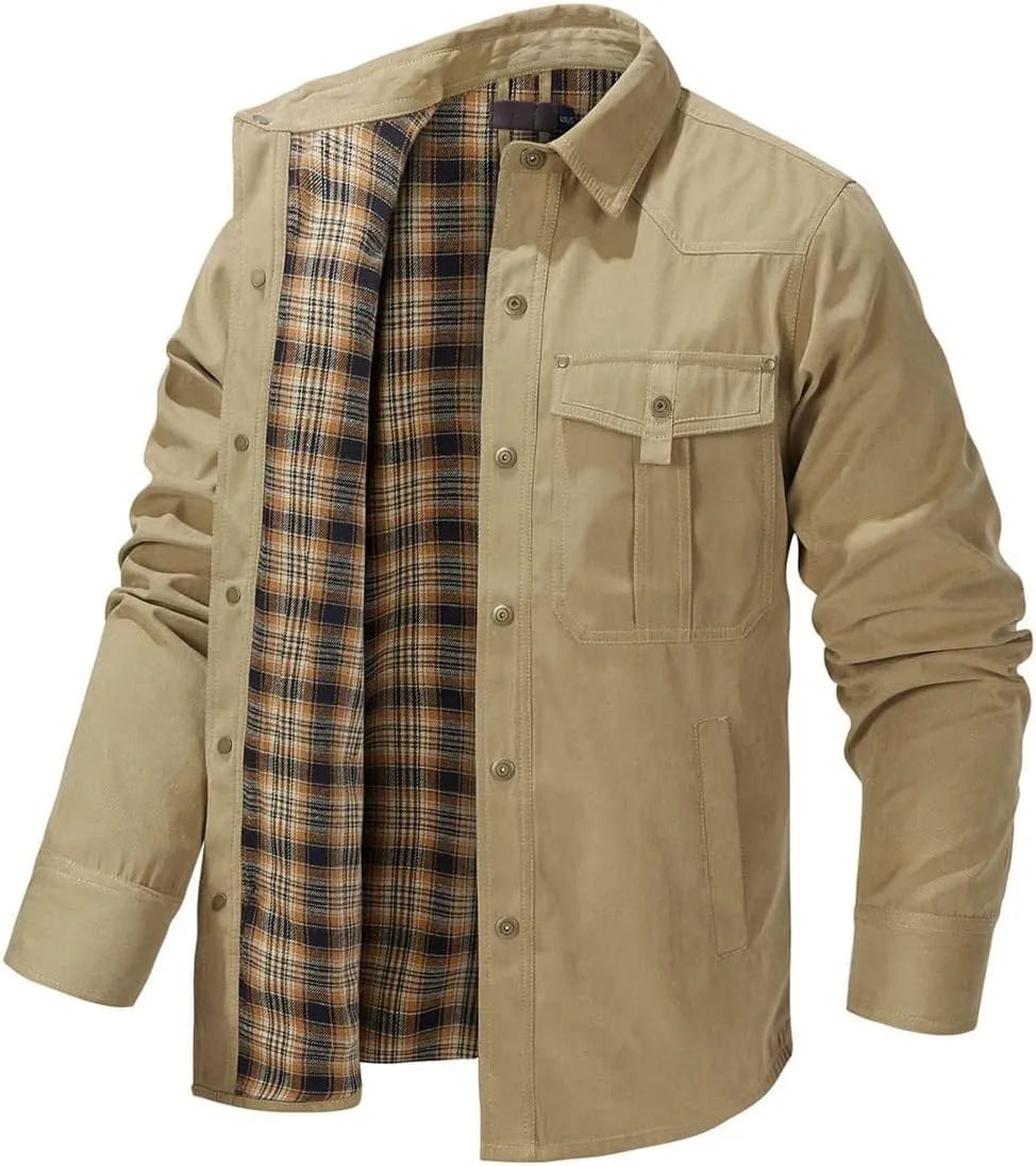 Men's flannel lined shirt jacket Lightweight snap western denim shirt jacket Short coat Vintage snap western jacket