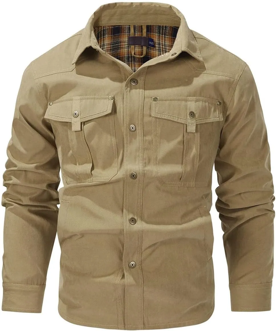 Men's flannel lined shirt jacket Lightweight snap western denim shirt jacket Short coat Vintage snap western jacket