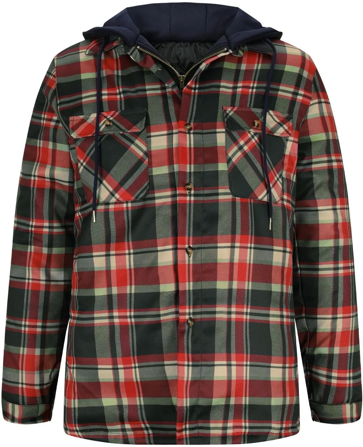 Mens Plaid Jacket with Hood Men's Flannel Shirt Warm Quilted Lined Hooded Long Sleeve Jackets S-5XL
