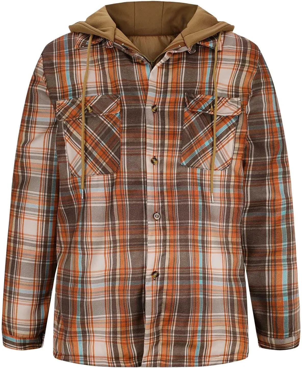 Mens Plaid Jacket with Hood Men's Flannel Shirt Warm Quilted Lined Hooded Long Sleeve Jackets S-5XL