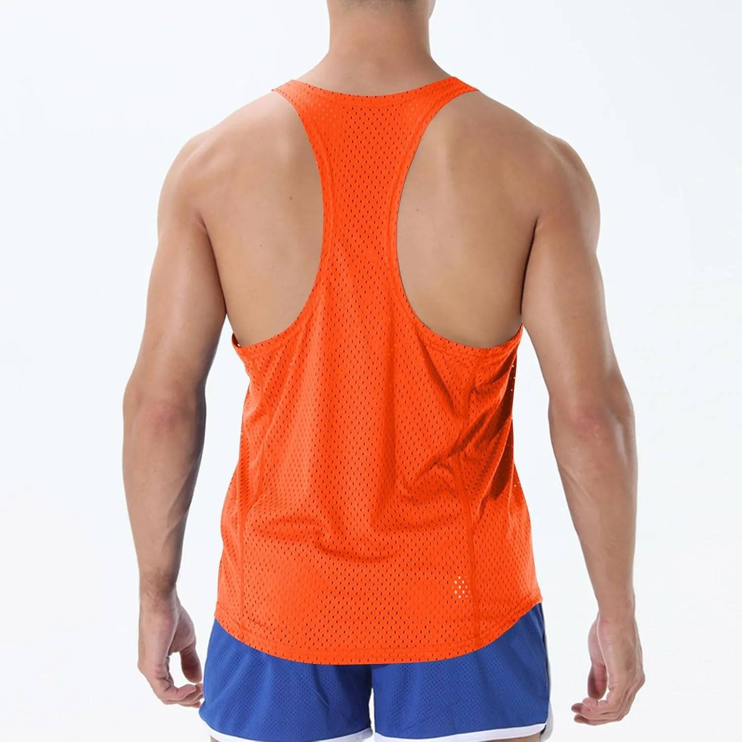 Men's Round Neck Workout Tank Top Mesh Racerback Sleeveless Gym Muscle T Shirts Summer Quick Dry Breath Athletic Shirt