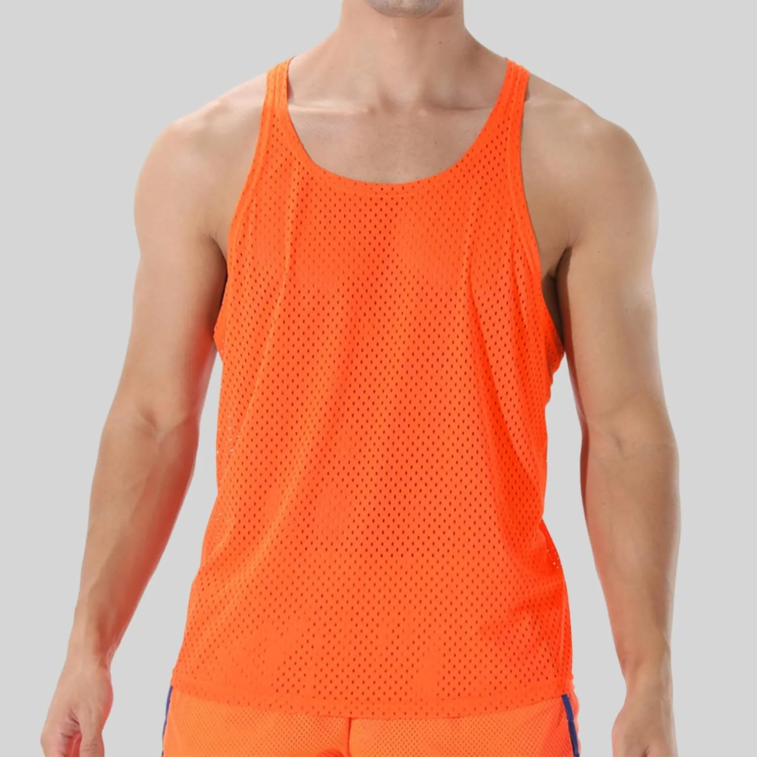 Men's Round Neck Workout Tank Top Mesh Racerback Sleeveless Gym Muscle T Shirts Summer Quick Dry Breath Athletic Shirt
