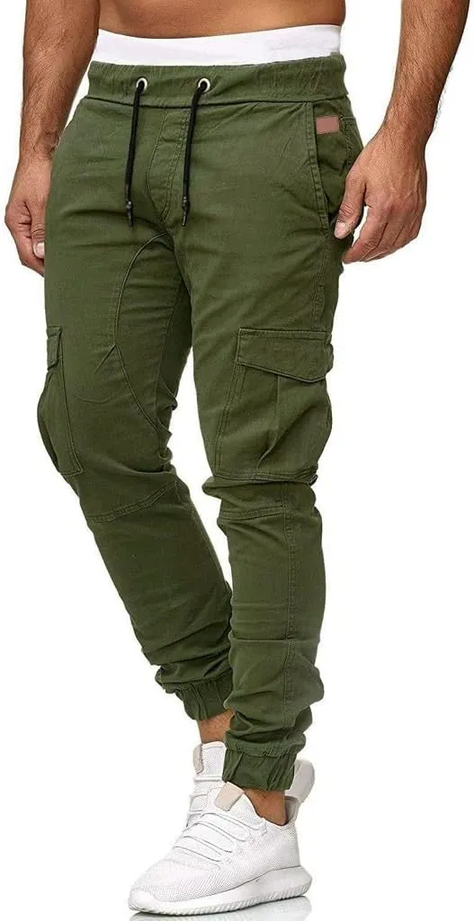 Mens Slim Fit Cargo Pants Casual Stretch Waist Jogger Sweatpants with Flap Pockets Outdoor Work Hiking Trousers