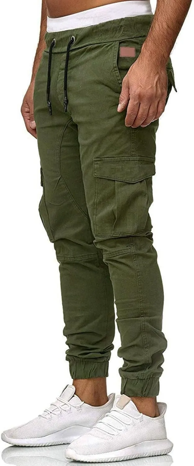 Mens Slim Fit Cargo Pants Casual Stretch Waist Jogger Sweatpants with Flap Pockets Outdoor Work Hiking Trousers