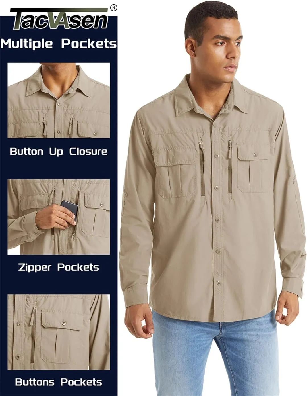 Men's Summer Shirt Breathable Long Sleeve Multi-Pocket Work Shirt Quick Dry Hiking Fishing Shirt