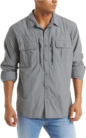Men's Summer Shirt Breathable Long Sleeve Multi-Pocket Work Shirt Quick Dry Hiking Fishing Shirt