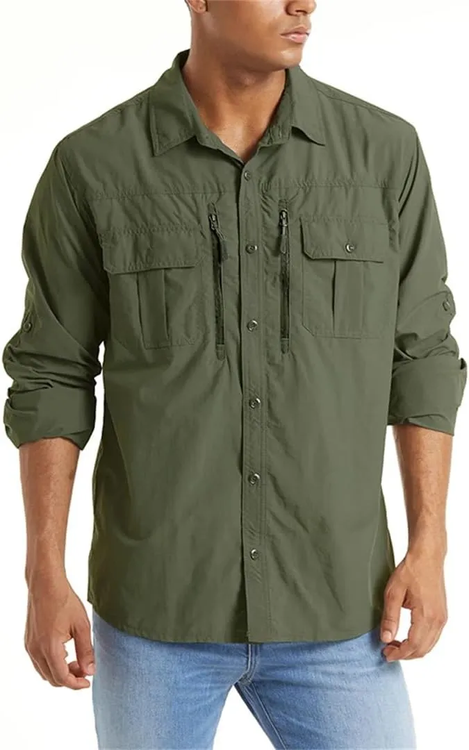 Men's Summer Shirt Breathable Long Sleeve Multi-Pocket Work Shirt Quick Dry Hiking Fishing Shirt