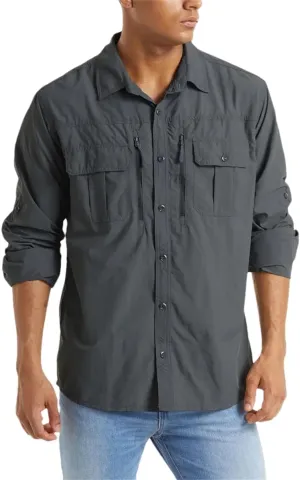 Men's Summer Shirt Breathable Long Sleeve Multi-Pocket Work Shirt Quick Dry Hiking Fishing Shirt
