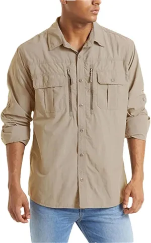 Men's Summer Shirt Breathable Long Sleeve Multi-Pocket Work Shirt Quick Dry Hiking Fishing Shirt