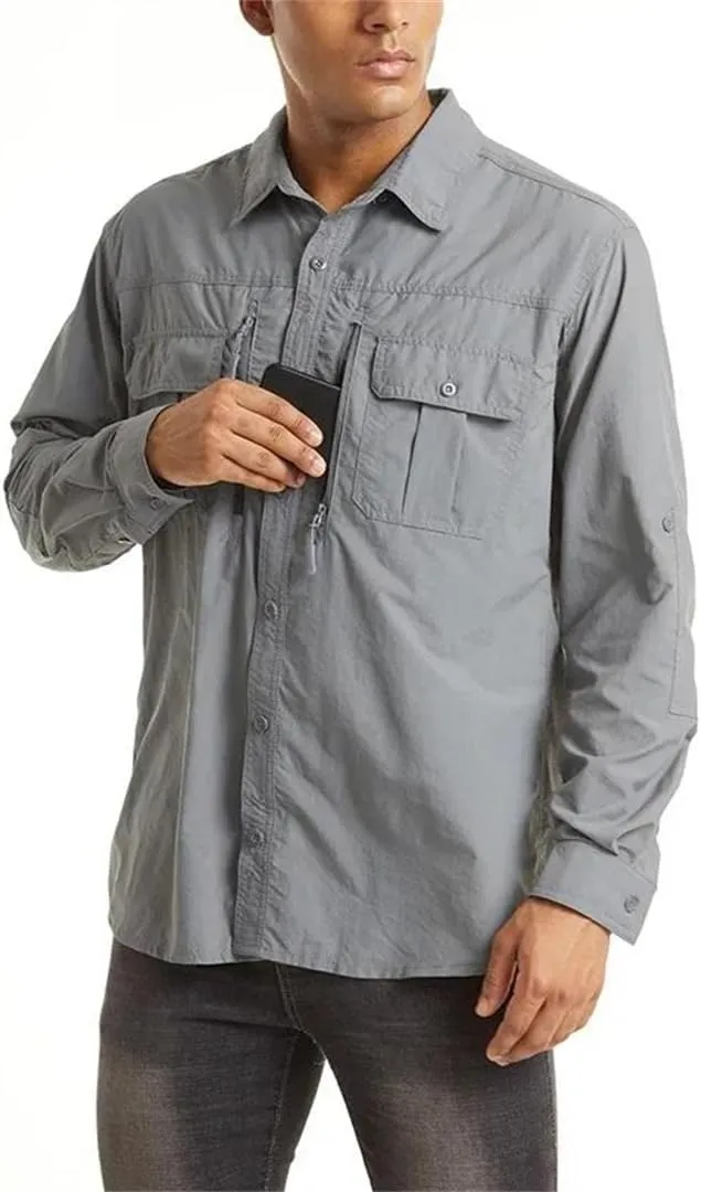 Men's Summer Shirt Breathable Long Sleeve Multi-Pocket Work Shirt Quick Dry Hiking Fishing Shirt