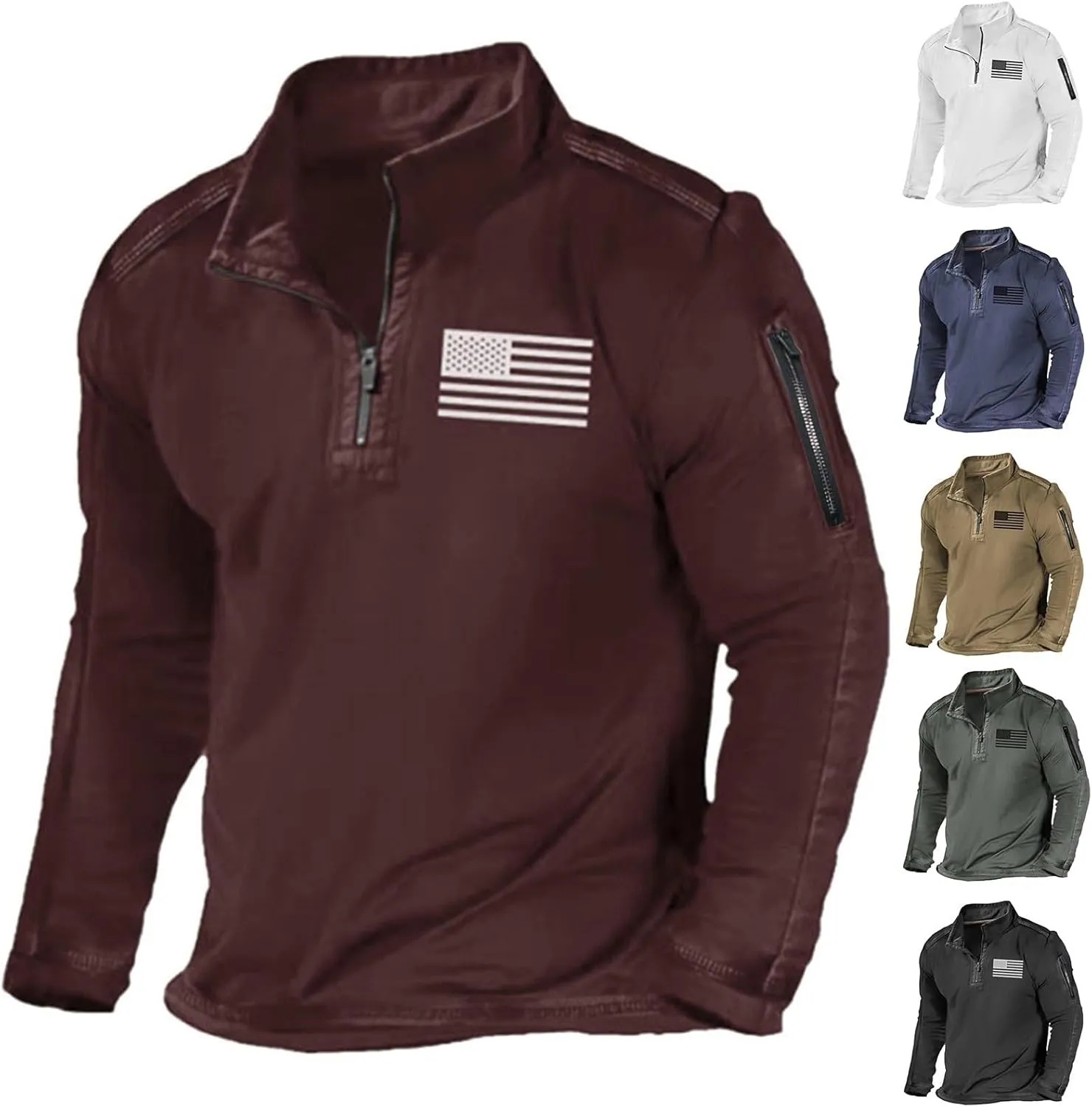 Mens Tactical Sweatshirts with No Hood Long Sleeve Stand Collar Casual 1/4 Zip American Flag Patriotic Pullover Sweater Tops