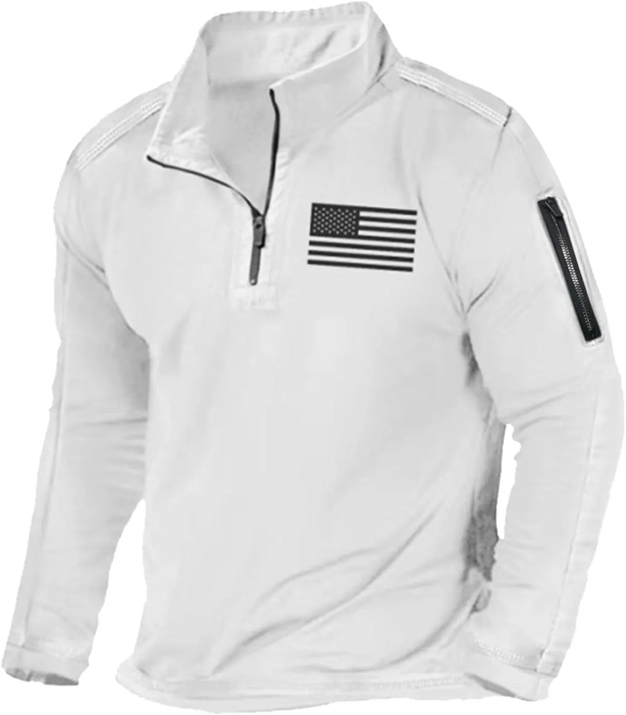 Mens Tactical Sweatshirts with No Hood Long Sleeve Stand Collar Casual 1/4 Zip American Flag Patriotic Pullover Sweater Tops