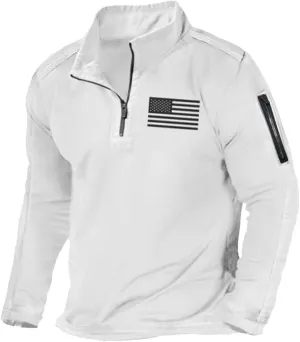 Mens Tactical Sweatshirts with No Hood Long Sleeve Stand Collar Casual 1/4 Zip American Flag Patriotic Pullover Sweater Tops