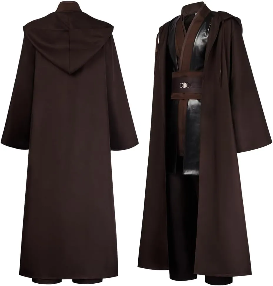 Mens Tunic Robe Knight Long Hooded Cloak with Belt Hooded Robe Tunic Full Set Halloween Cosplay Costume