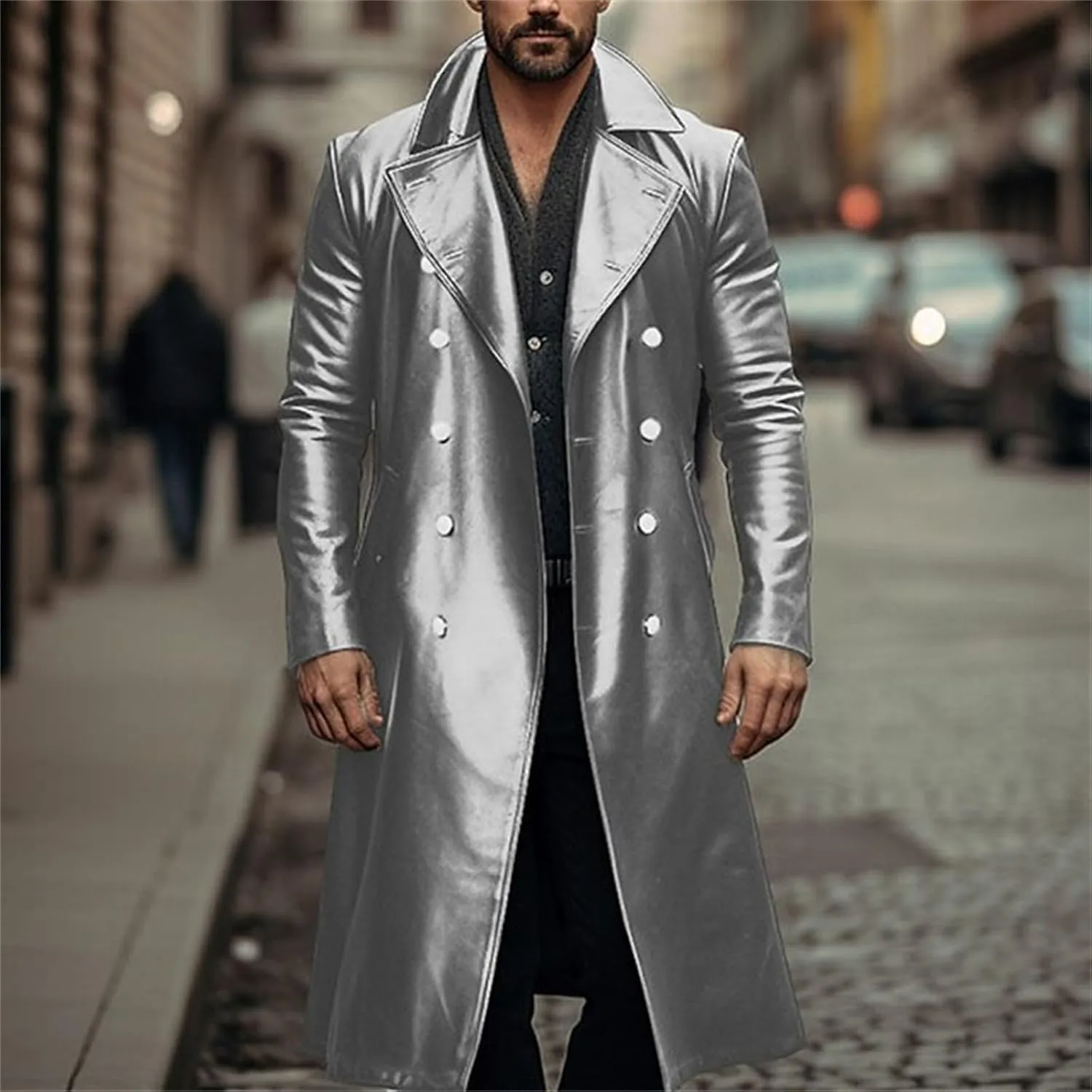 Men's Vintage Medieval PU Leather Long Trench Coats Notch Lapel Long Sleeve Double Breasted Windbreaker Jackets