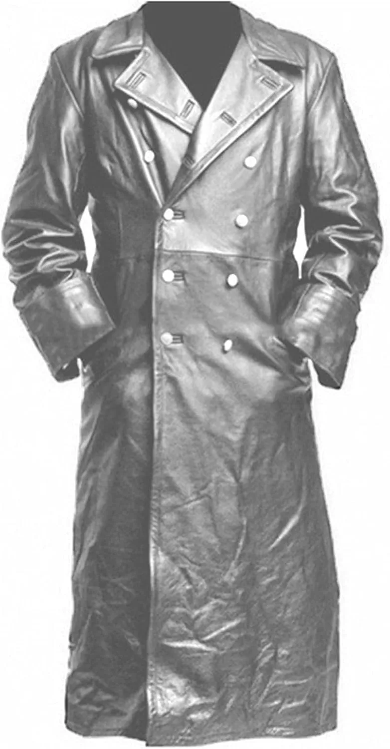 Men's Vintage Medieval PU Leather Long Trench Coats Notch Lapel Long Sleeve Double Breasted Windbreaker Jackets