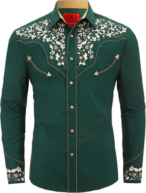 Men's Western Cowboy Shirt Embroidered Long Sleeve Casual Button Down Shirt