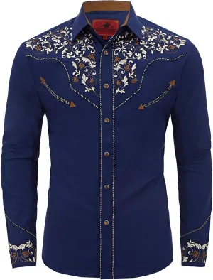 Men's Western Cowboy Shirt Embroidered Long Sleeve Casual Button Down Shirt