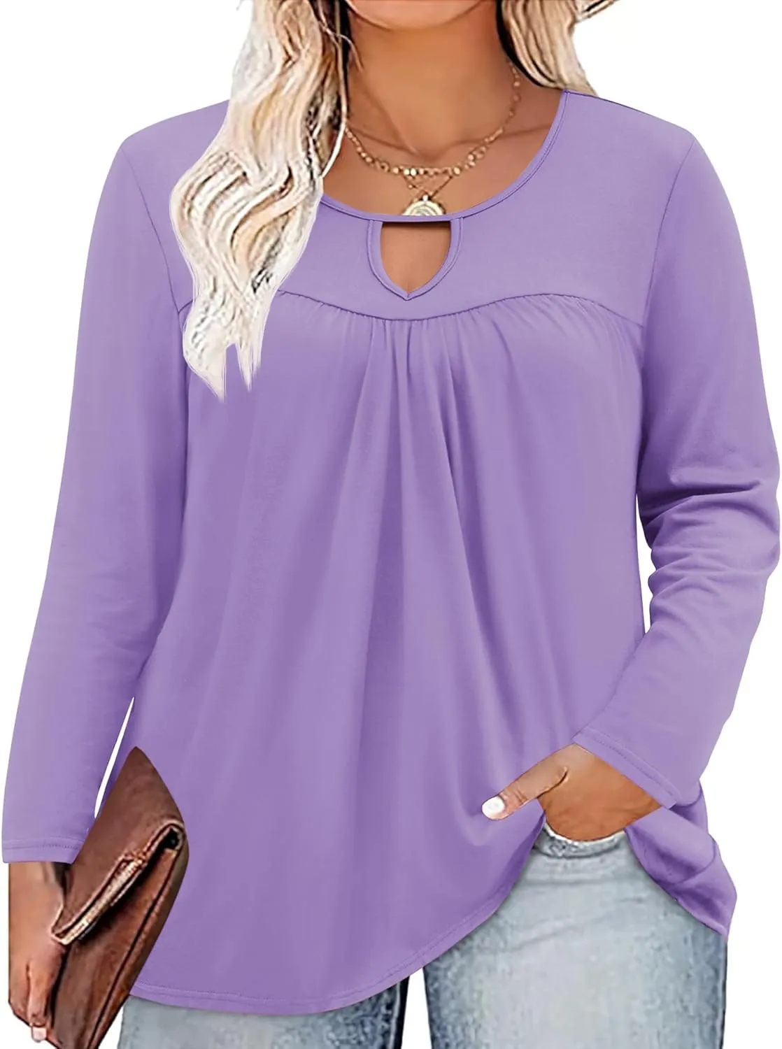 Miladusa Plus Size Tops for Women Long Sleeve Shirts Keyhole Crewneck Pleated Tunics Tee Blouse L-4XL
