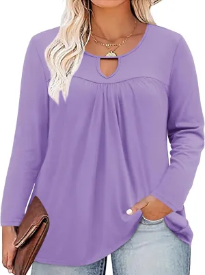 Miladusa Plus Size Tops for Women Long Sleeve Shirts Keyhole Crewneck Pleated Tunics Tee Blouse L-4XL