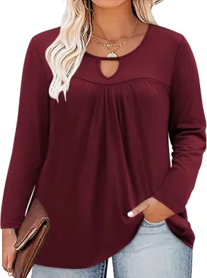Miladusa Plus Size Tops for Women Long Sleeve Shirts Keyhole Crewneck Pleated Tunics Tee Blouse L-4XL