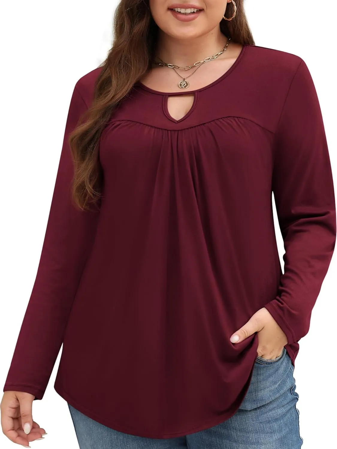 Miladusa Plus Size Tops for Women Long Sleeve Shirts Keyhole Crewneck Pleated Tunics Tee Blouse L-4XL