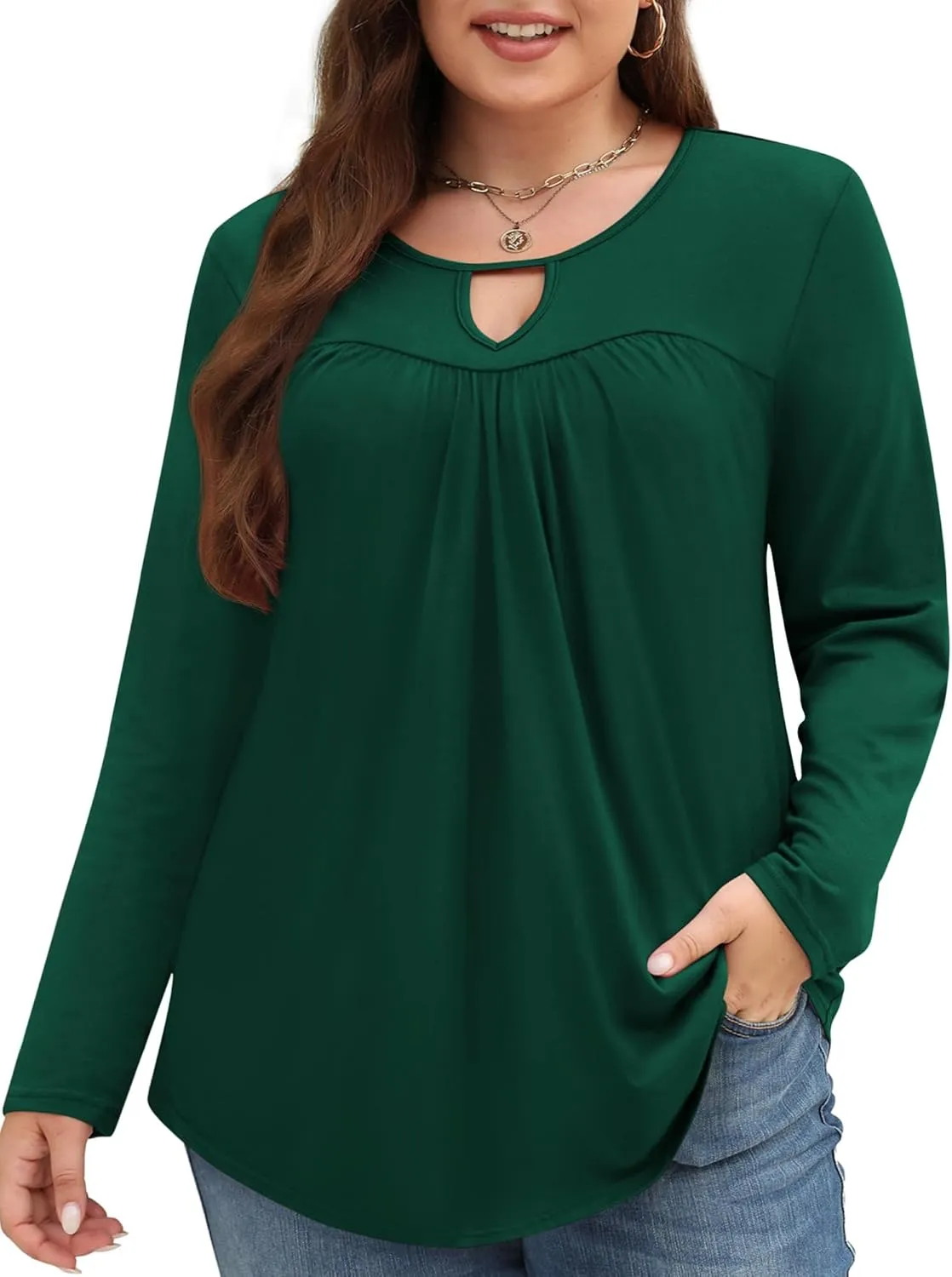 Miladusa Plus Size Tops for Women Long Sleeve Shirts Keyhole Crewneck Pleated Tunics Tee Blouse L-4XL