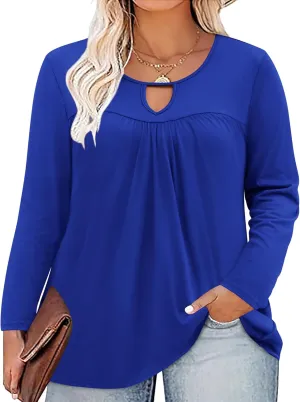 Miladusa Plus Size Tops for Women Long Sleeve Shirts Keyhole Crewneck Pleated Tunics Tee Blouse L-4XL