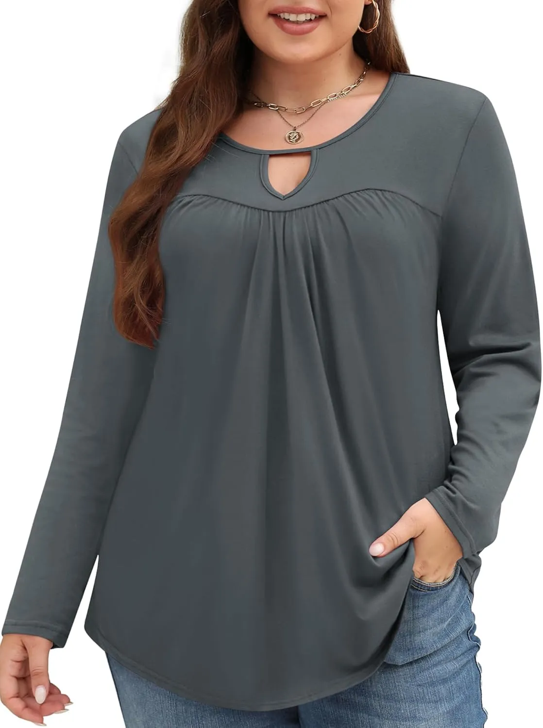 Miladusa Plus Size Tops for Women Long Sleeve Shirts Keyhole Crewneck Pleated Tunics Tee Blouse L-4XL