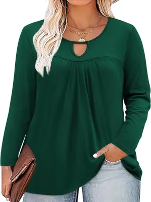 Miladusa Plus Size Tops for Women Long Sleeve Shirts Keyhole Crewneck Pleated Tunics Tee Blouse L-4XL