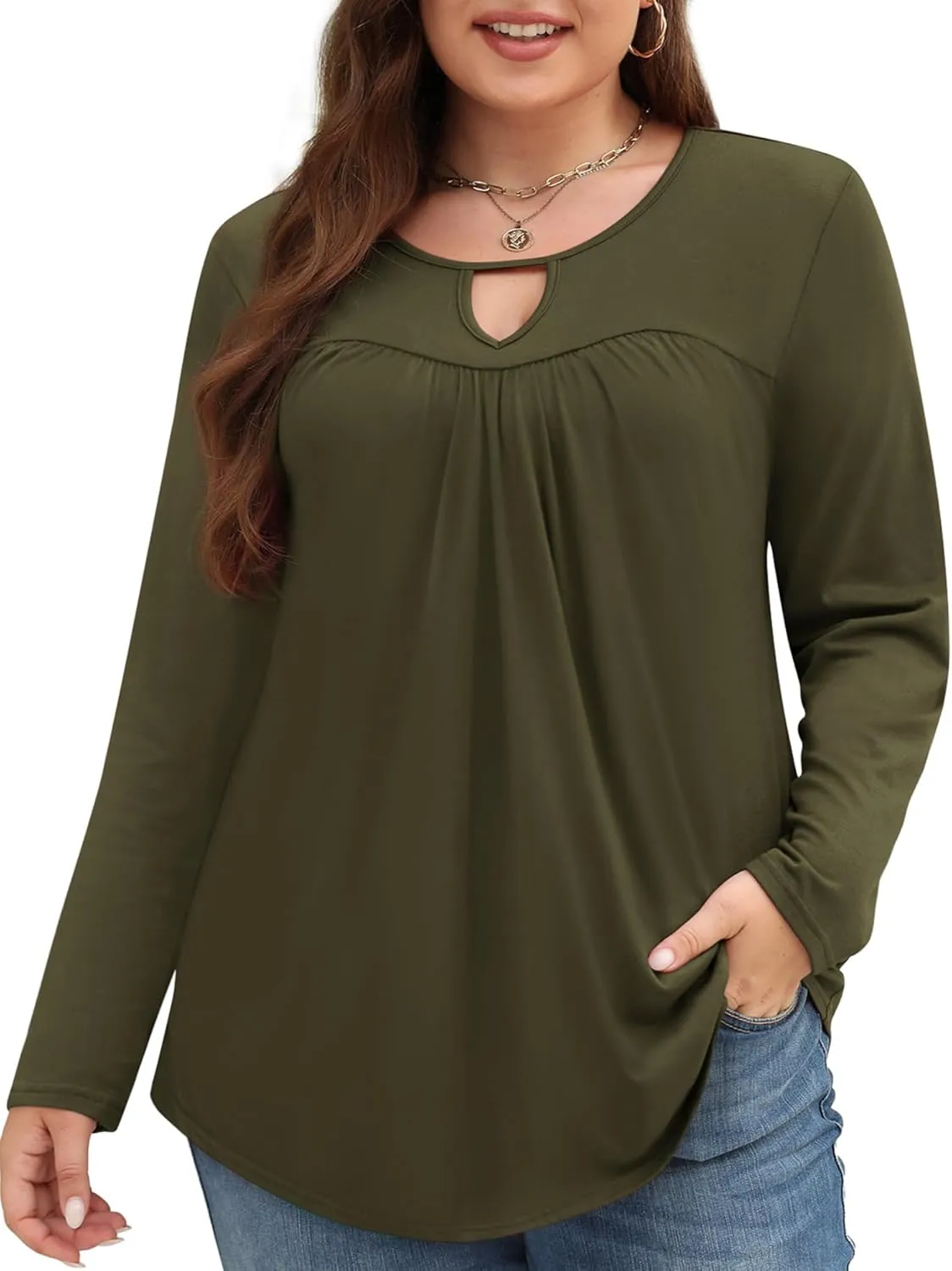 Miladusa Plus Size Tops for Women Long Sleeve Shirts Keyhole Crewneck Pleated Tunics Tee Blouse L-4XL