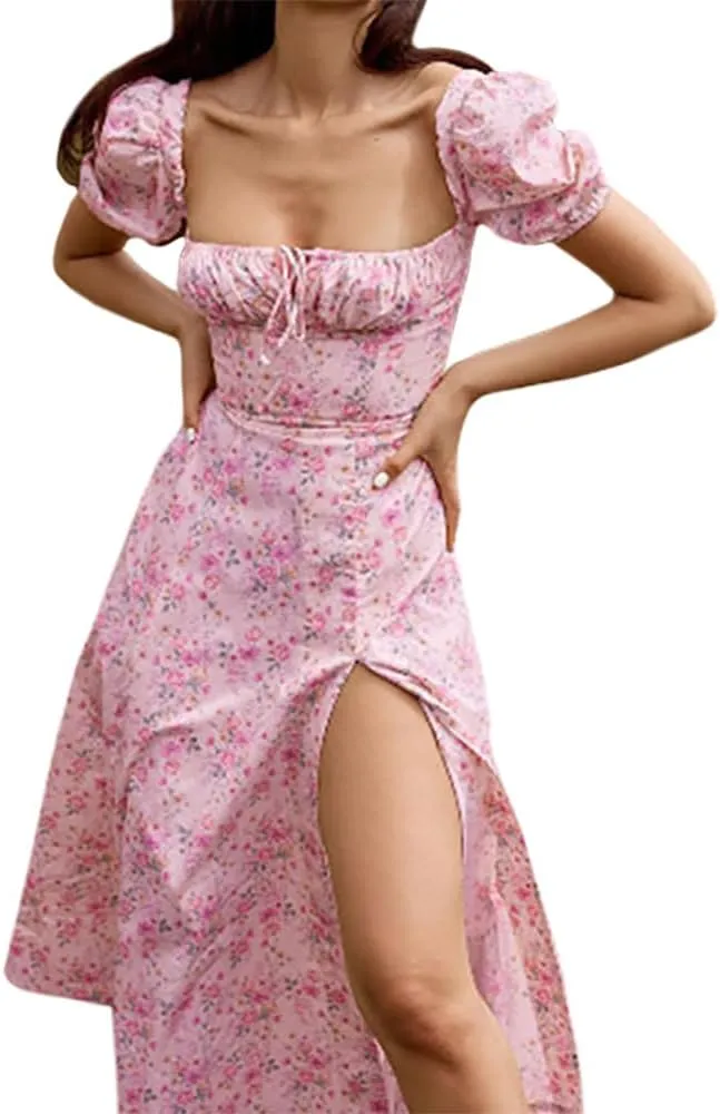 Milkmaid Corset Dress for Women Puff Sleeve Square Neck Floral Split Maxi Dress A Line Casual Boho Long Dresses