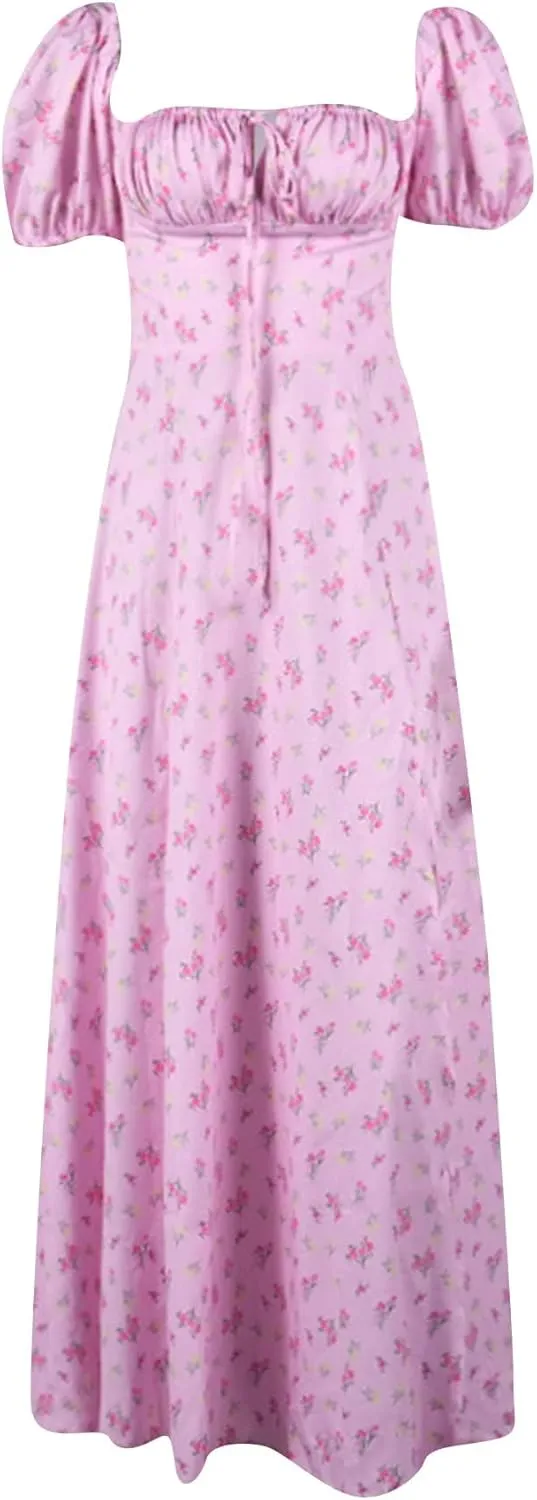 Milkmaid Corset Dress for Women Puff Sleeve Square Neck Floral Split Maxi Dress A Line Casual Boho Long Dresses