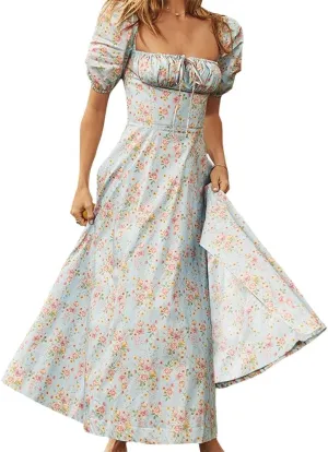 Milkmaid Corset Dress for Women Puff Sleeve Square Neck Floral Split Maxi Dress A Line Casual Boho Long Dresses