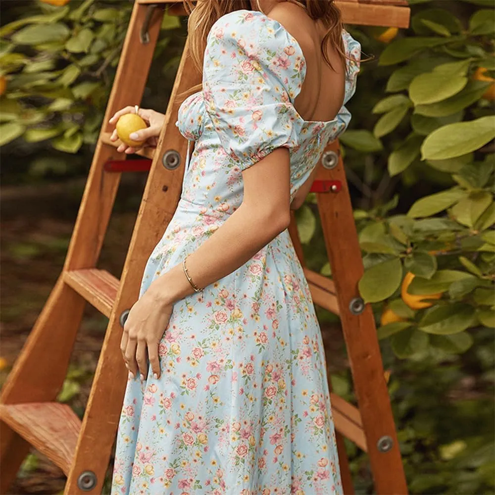 Milkmaid Corset Dress for Women Puff Sleeve Square Neck Floral Split Maxi Dress A Line Casual Boho Long Dresses