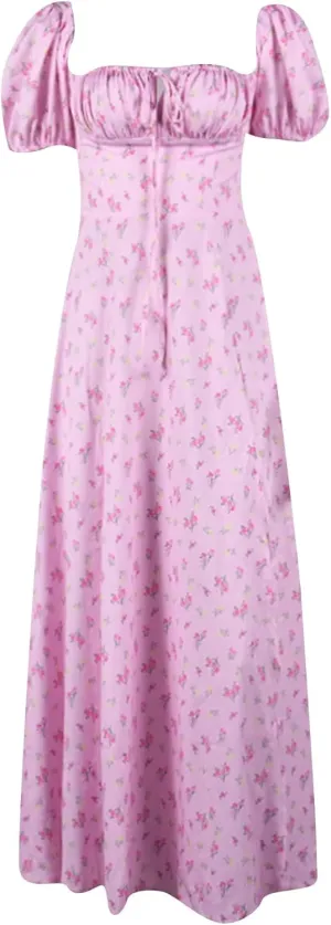 Milkmaid Corset Dress for Women Puff Sleeve Square Neck Floral Split Maxi Dress A Line Casual Boho Long Dresses