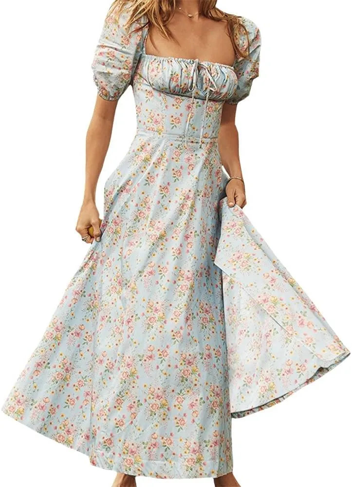 Milkmaid Corset Dress for Women Puff Sleeve Square Neck Floral Split Maxi Dress A Line Casual Boho Long Dresses